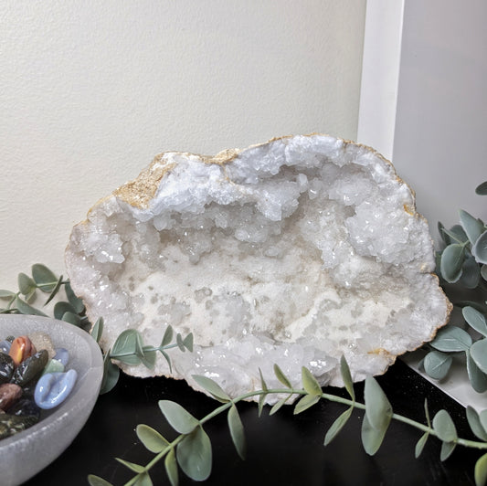 Large White Druzy Quartz Geode Half from Morocco